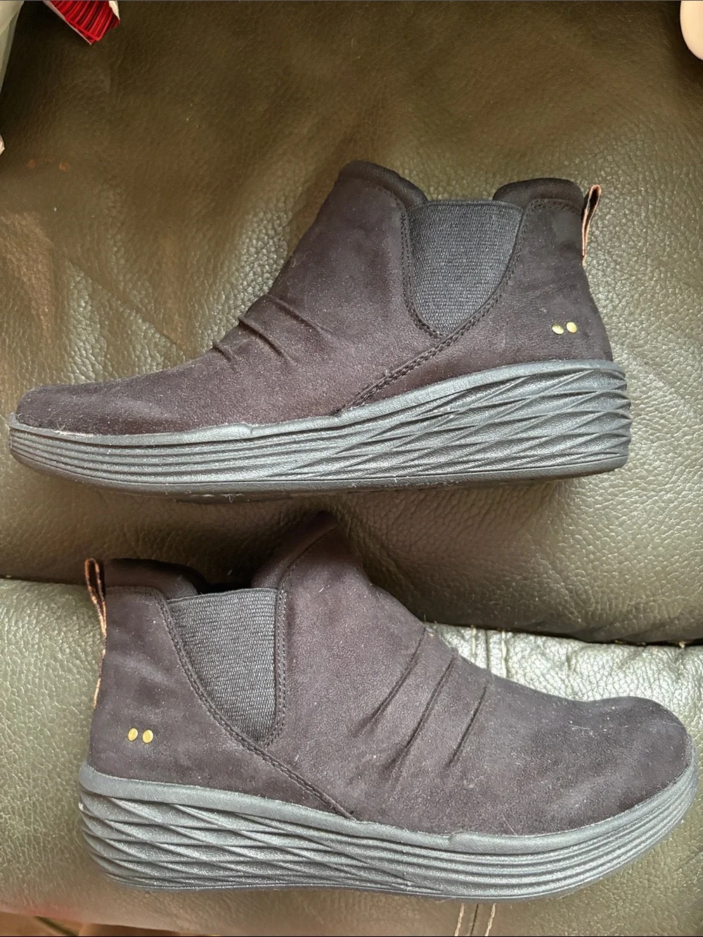 Ryka suede like slip on women’s boots with leopard back trim